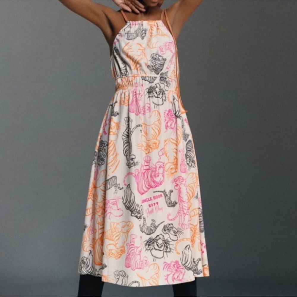 Zara Disney Stories The Jungle Book Halter Midi Dress Cream Pink Orange
